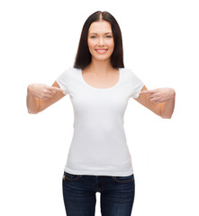 smiling woman in blank white t-shirt