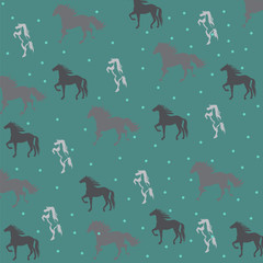 green background with silhouettes of horses.