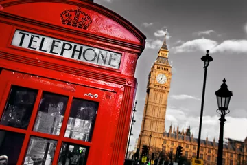 Stickers pour porte Londres Cabine téléphonique rouge et Big Ben à Londres, Angleterre, Royaume-Uni