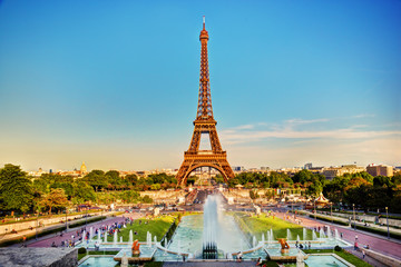 Eiffel Tower seen from fountain at Jardins du Trocadero. Paris