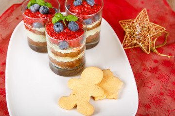 Christmas dessert. Sweet dessert tiramisu with strawberry, fresh