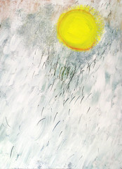Color decoration sun in winter landscape, painting illustration