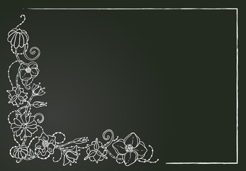 Vector floral card, hand drawn chalk flowers and leaves.