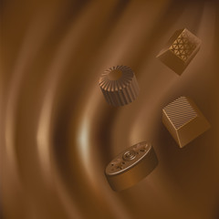 Realistic chocolate background with set of candy