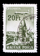 Hungary stamp printed in 1966, plane over Budapest