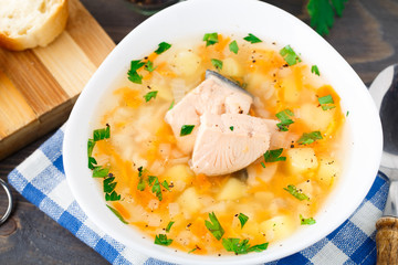 Healthy fish soup made of salmon