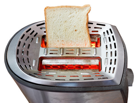 one fresh slice of bread on hot metal toaster