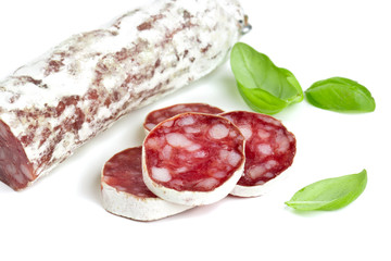 sliced salami isolated on white backrgound