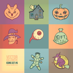 Halloween Vector Icons Set. Vintage Colors Style