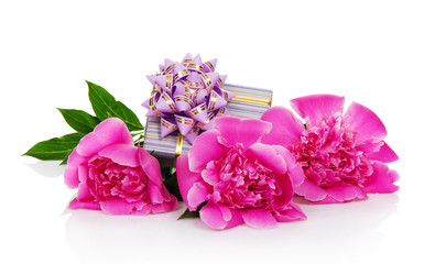 Three bright pink peonies and gift box