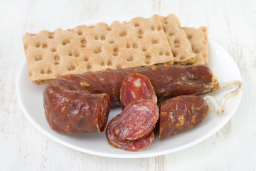 sausage with toasts on plate