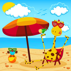 Naklejka premium giraffe and a bird on the beach - vector illustration
