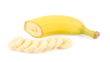 Ripe Yellow Banana and Slices Isolated on White Background