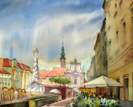 Austrian city Sankt Polten  painted by watercolor.