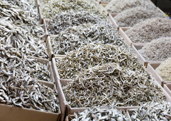 Dried assorted anchovy fish in the market
