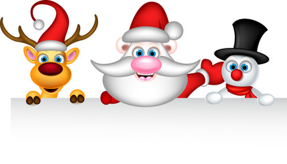 Santa Claus,deer and snowman holding blank sign
