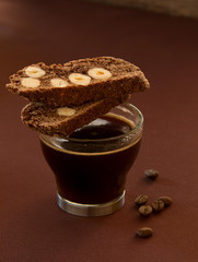 Chocolate biscotti with a mocha and nuts.