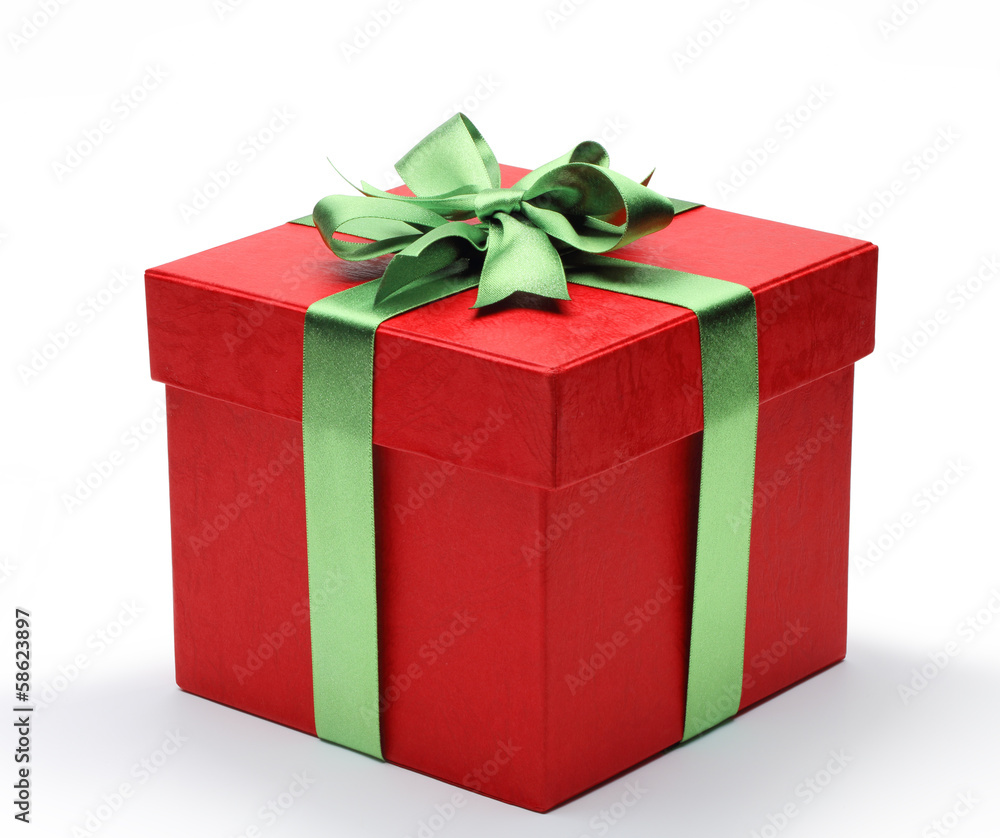 Sticker Red gift box with green ribbon bow