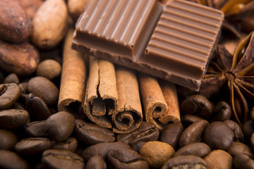 chocolate with coffee beans, spices and cacao