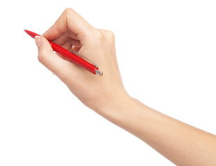 Female hand writing with a red pen - Powered by Adobe