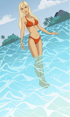 Beautiful woman standing in the sea on tropical resort