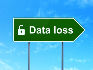 Data concept: Data Loss and Opened Padlock on sign background