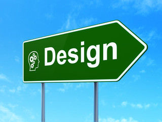 Advertising concept: Design and Head With Gears on sign