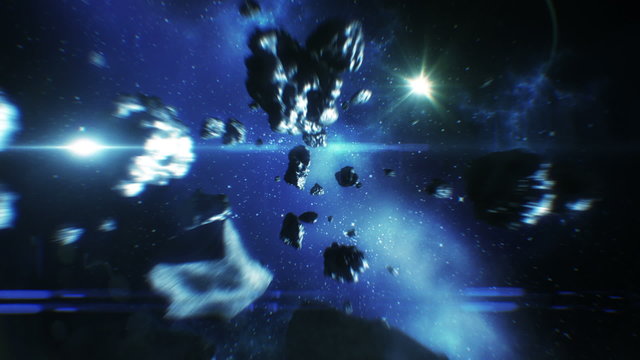 Beautiful flight in space near Asteroids collisions. HD 1080.