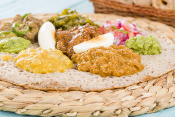 Ethiopian Feast - Injera (sourdough flatbread) with stews