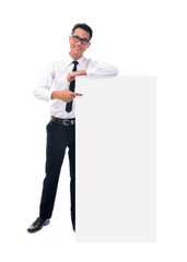 Young businessman holding blank billboard