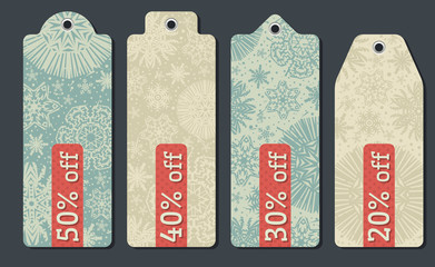 vintage christmas labels with sale offer, vector