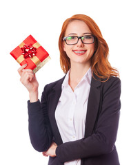 Young business woman happy smile hold gift box in hands.