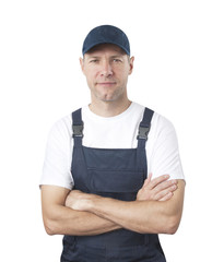 Portrait of smiling worker in blue uniform isolated on white bac