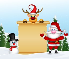 cute santa claus with reindeer and snowman in winter landscape