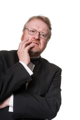 Worried middle aged man in tuxedo on white
