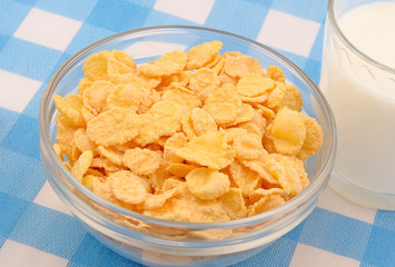 corn flakes in a transparent bowl with milk