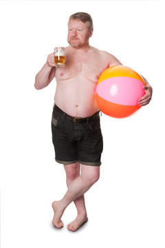 Overweight Middle Aged Man With Beach Ball Drinking Beer