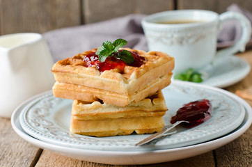 Waffles with jam for breakfast