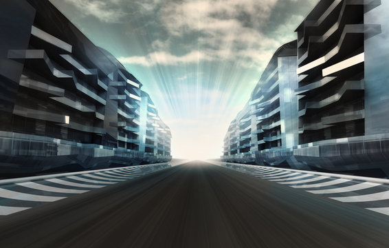 racetrack in business city in motion blur with flare wallpaper