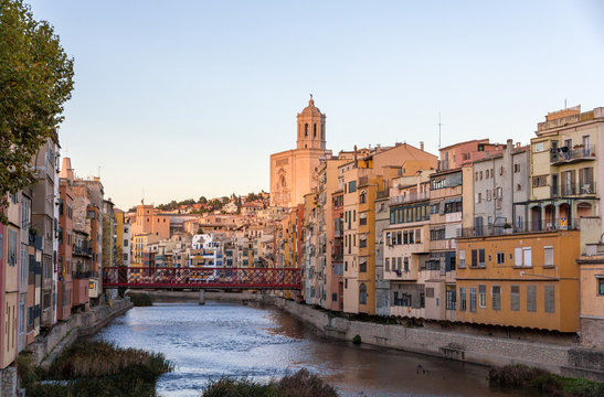 Girona Cathedral with Eiffel bridge over Onyar River - Spain