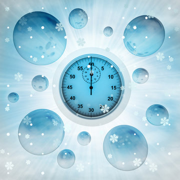stopwatch in bubble at winter snowfall
