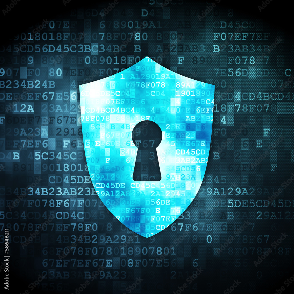 Aufkleber security concept: shield with keyhole on digital background