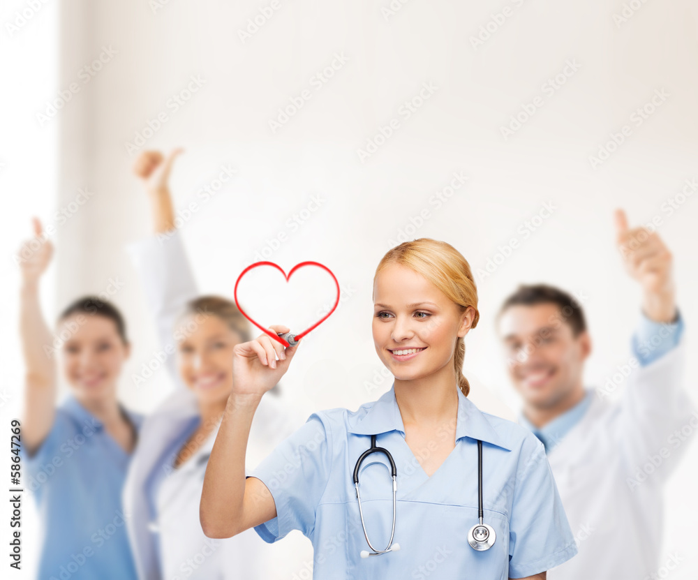 Sticker smiling doctor or nurse drawing red heart