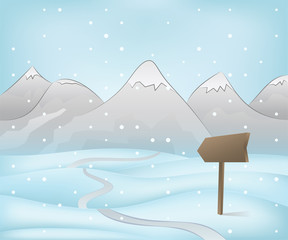 mountain landscape with road pointer at snowfall 