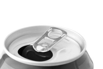Closeup ring pull on an open beverage can.