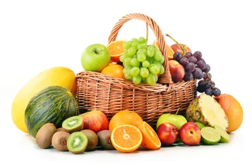 Rolgordijnen Variety of fruits in wicker basket isolated on white © monticellllo