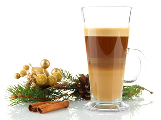 Cup of hot coffee with Christmas decorations isolated on white