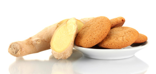Ginger cookies with fresh ginger root isolated on white