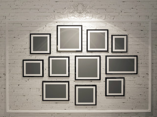 frames on white brick wall