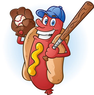 Hot Dog Cartoon Character Playing Baseball